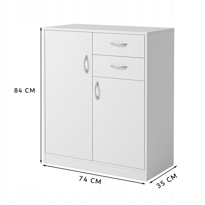 Modern komód fiókokkal és polcokkal loft stílusban fehér szekrény ajtóval 74 cm