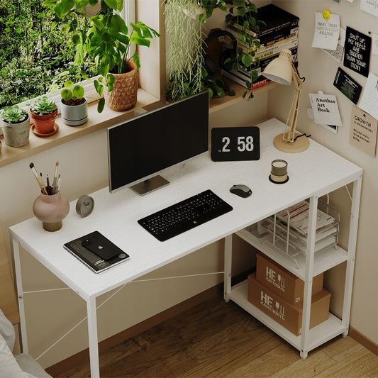 Számítógépes íróasztal, loft asztal, fehér, modern, ipari polcokkal