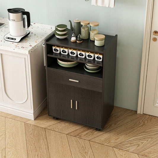 Konyhaszekrény kerekeken, fiókos egység, asztal, polc - modern, mobil, fekete