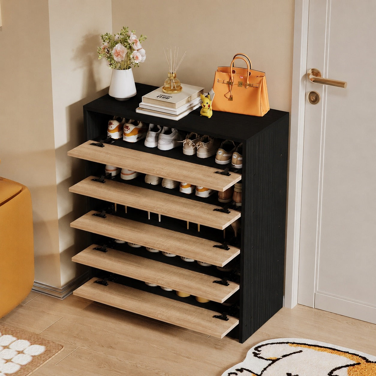 Világosbarna cipőszekrény modern előszobába, 5 polccal, loft stílusú