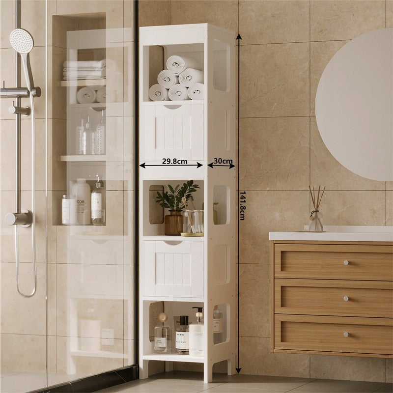 Fehér Fürdőszobaszekrény Fiókokkal és Magas Polccal, Modern Loft Stílus, 142 cm