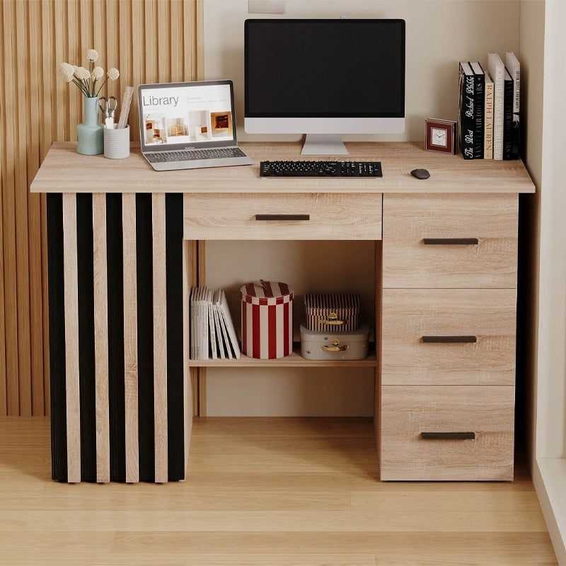 Modern, loft stílusú számítógépasztal lécekkel és polccal