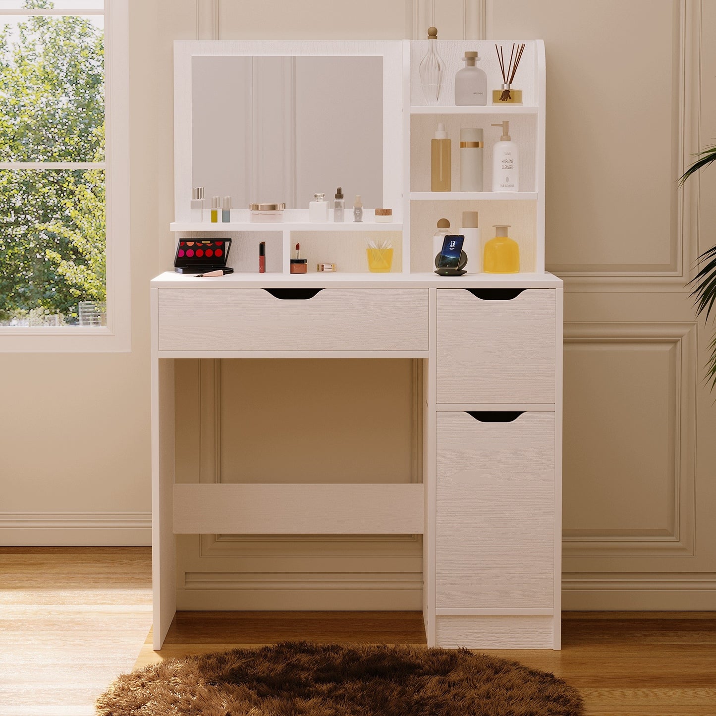 Modern, fehér sminkasztal tükörrel és fiókokkal, tágas, loft stílusú