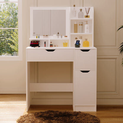 Modern, fehér sminkasztal tükörrel és fiókokkal, tágas, loft stílusú