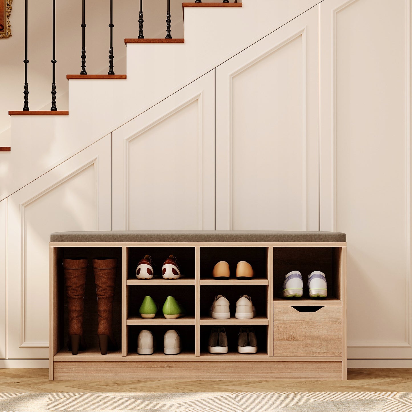 Cipőszekrény ülőkével, loft stílusú, sonoma tölgy, előszoba, fiókos pad, 100 cm