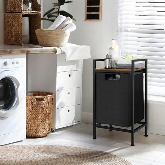 Szabadon álló mosókosár polccal, ipari loft, fa, retro, 72 cm