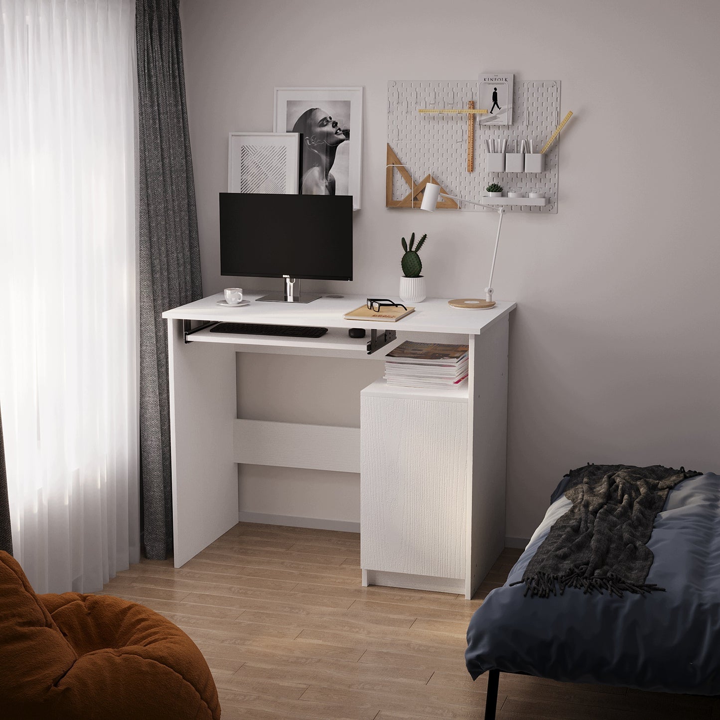 Modern számítógépes íróasztal billentyűzet-tartóval, fehér, loft stílusú szekrénnyel