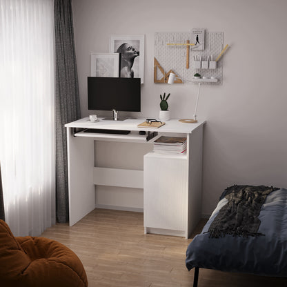 Modern számítógépes íróasztal billentyűzet-tartóval, fehér, loft stílusú szekrénnyel