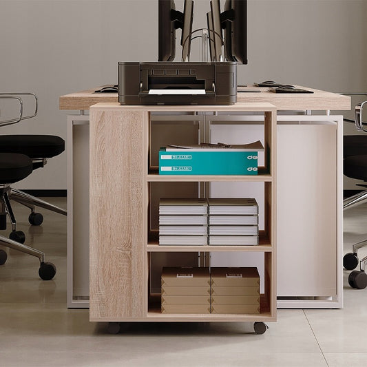 Többfunkciós nyomtatóasztal, kerekes polcrendszer, polc, szekrény, világosbarna