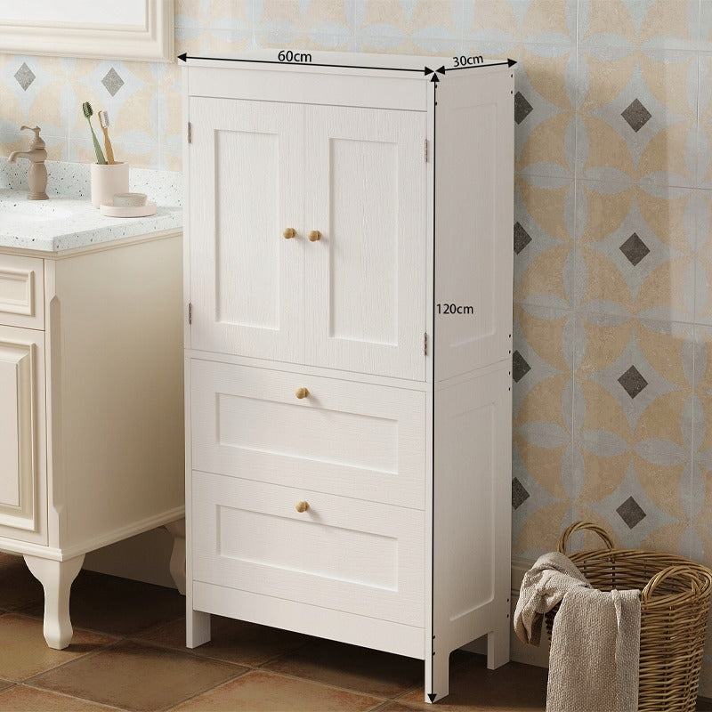 Fürdőszobai polc 2 fiókkal és ajtóval, fehér, loft stílusú, 120 cm