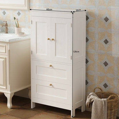 Fürdőszobai polc 2 fiókkal és ajtóval, fehér, loft stílusú, 120 cm