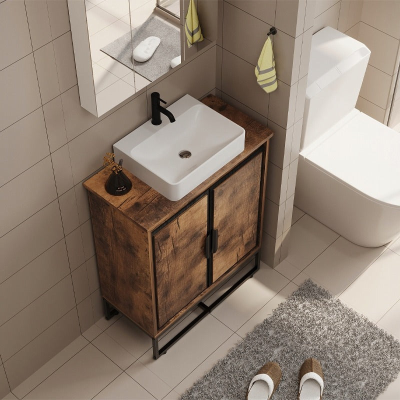 Fürdőszobai mosdószekrény tetőtéri ajtókkal, rusztikus barna, és polccal, 82 cm