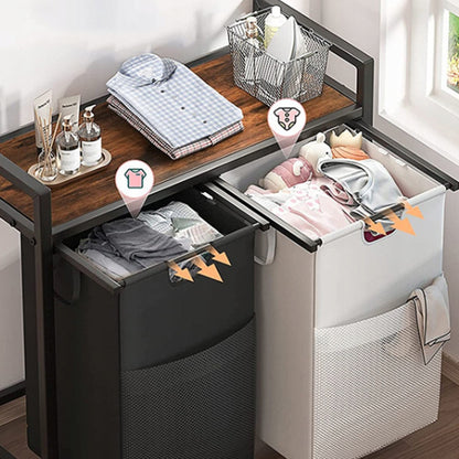 Nagy, két rekeszes mosókosár polccal, ipari loft konténer állvány