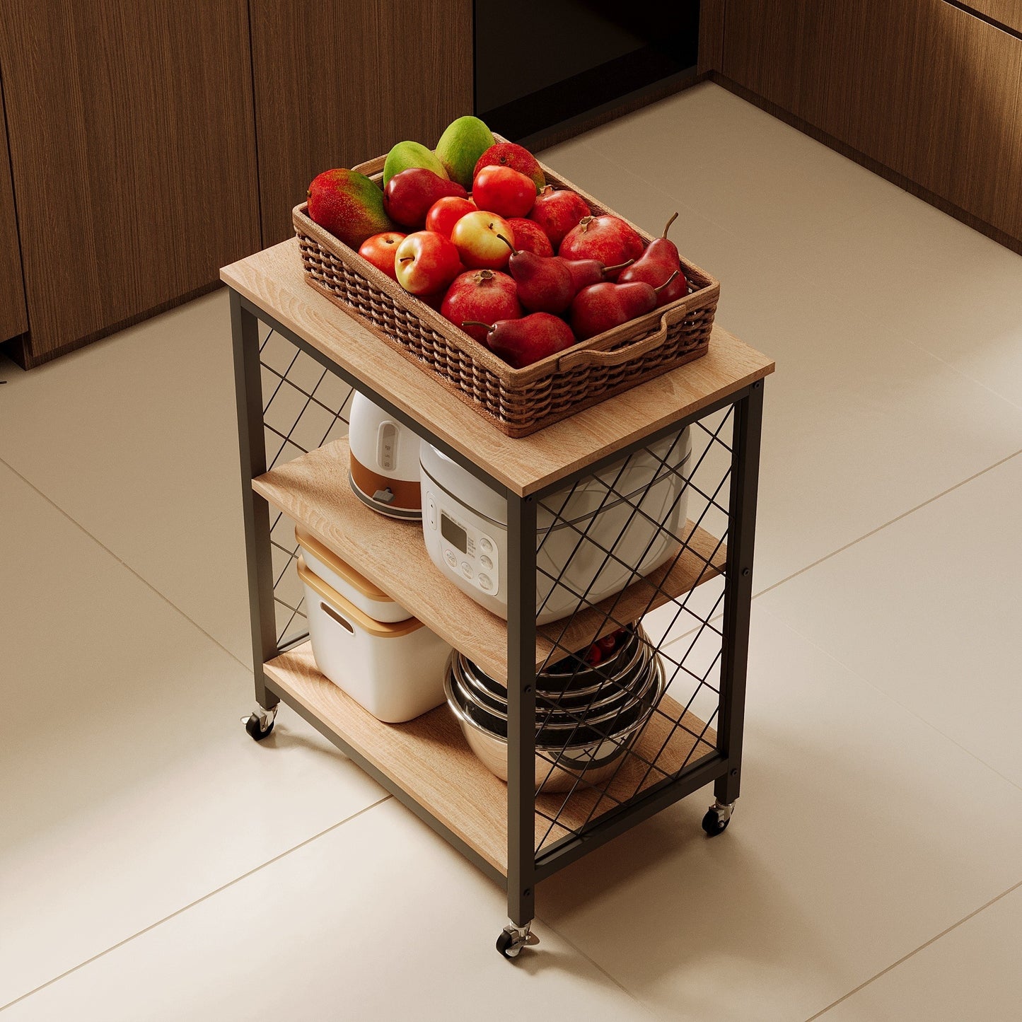 Kerekes mobil szekrény, világosbarna, loft stílusú reggelizőasztal / konyhai kiskocsi, 60 cm