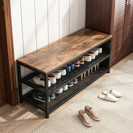 Cipőtároló pad – 100x30x45 cm, ipari loft stílus, 2 polccal