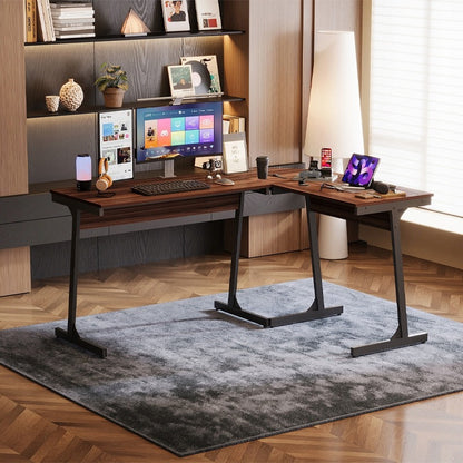 Modern ipari sarok számítógépasztal, sötétbarna, loft stílusú, 148 cm
