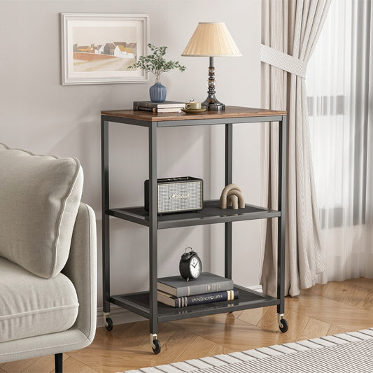 Görgős dohányzóasztal – 60x40x76 cm, ipari loft stílus, MDF és fém