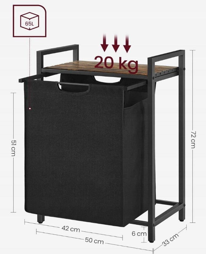 Szabadon álló mosókosár polccal, ipari loft, fa, retro, 72 cm