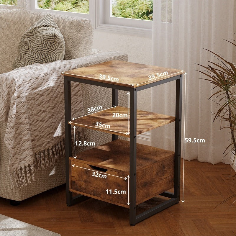 Éjjeliszekrény, hálószobai asztal, komód, fiók, sötétbarna, loft stílus, polcok, 80 cm