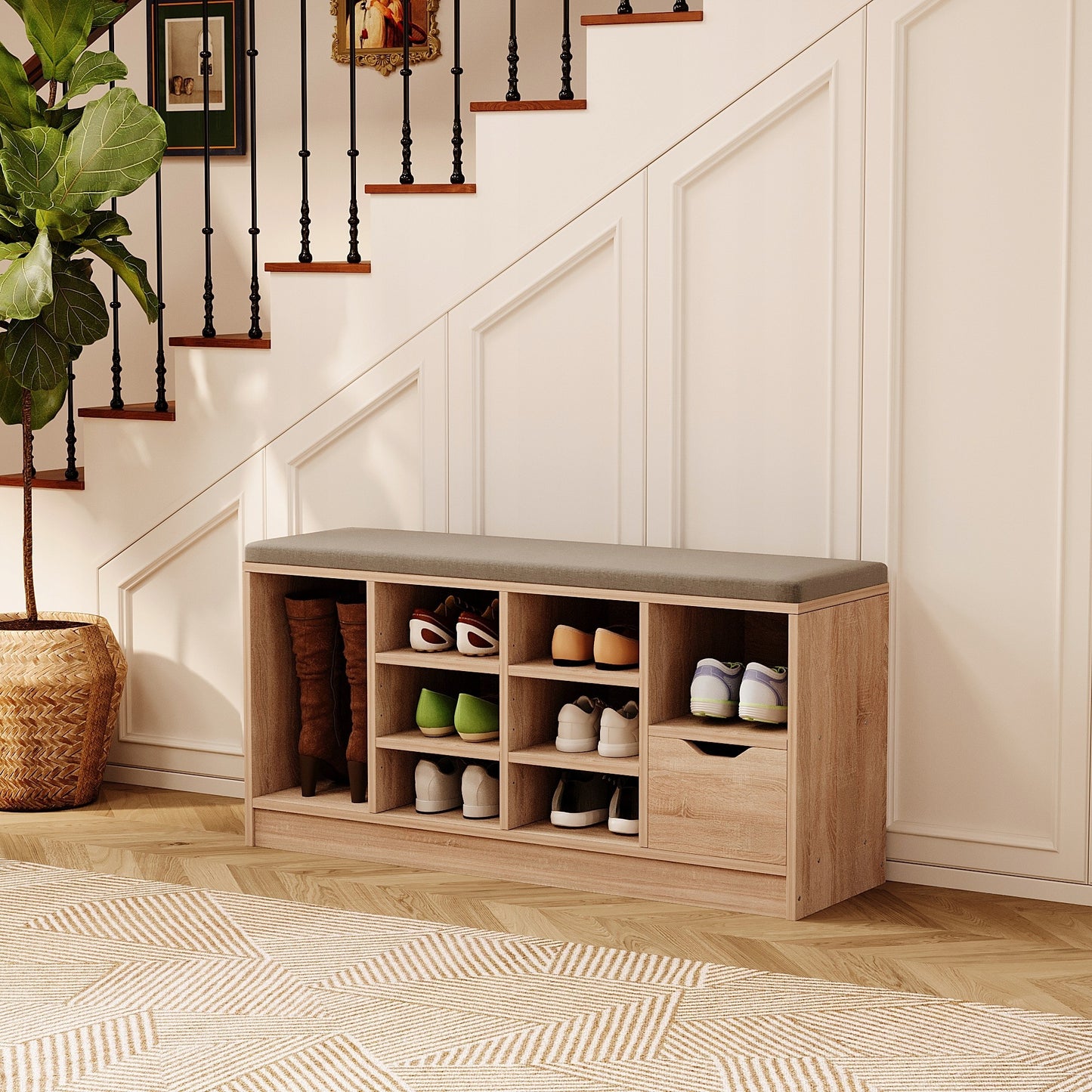 Cipőszekrény ülőkével, loft stílusú, sonoma tölgy, előszoba, fiókos pad, 100 cm