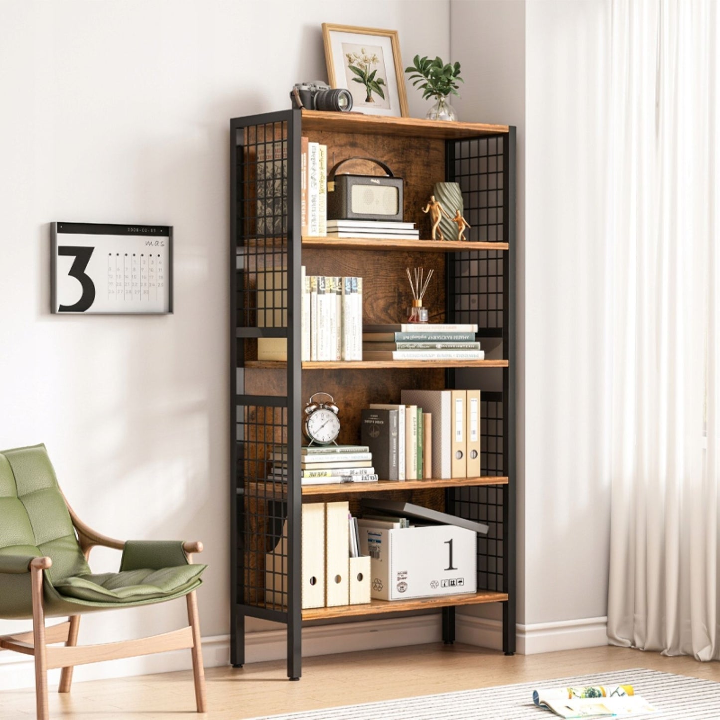 Ipari stílusú könyvespolc – 74x30x155 cm, 5 polccal, MDF és fém, loft stílusú, kompakt és stabil kialakítás
