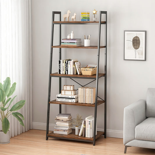 Rusztikus könyvespolc 5 polccal – 56x34x172 cm, fekete fémváz és sötét fa hatású MDF