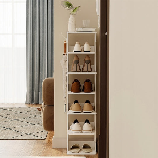 Funkcionális keskeny fehér cipősszekrény, 6 polc, 2 akasztó, 112 cm