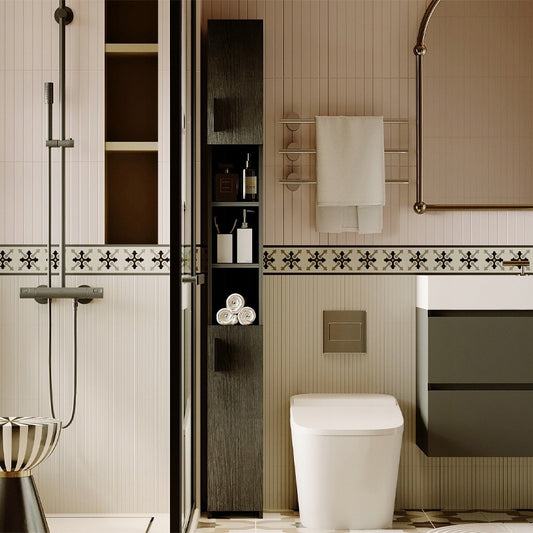 Fürdőszobai álló szekrény, fekete loft szekrény, polc, magas, keskeny oszlop