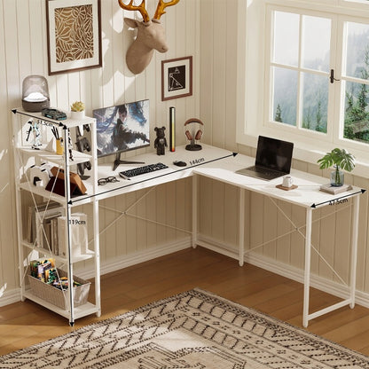 Sarok számítógépes íróasztal polcokkal és könyvespolccal, fehér, ipari loft stílusú, 144 cm