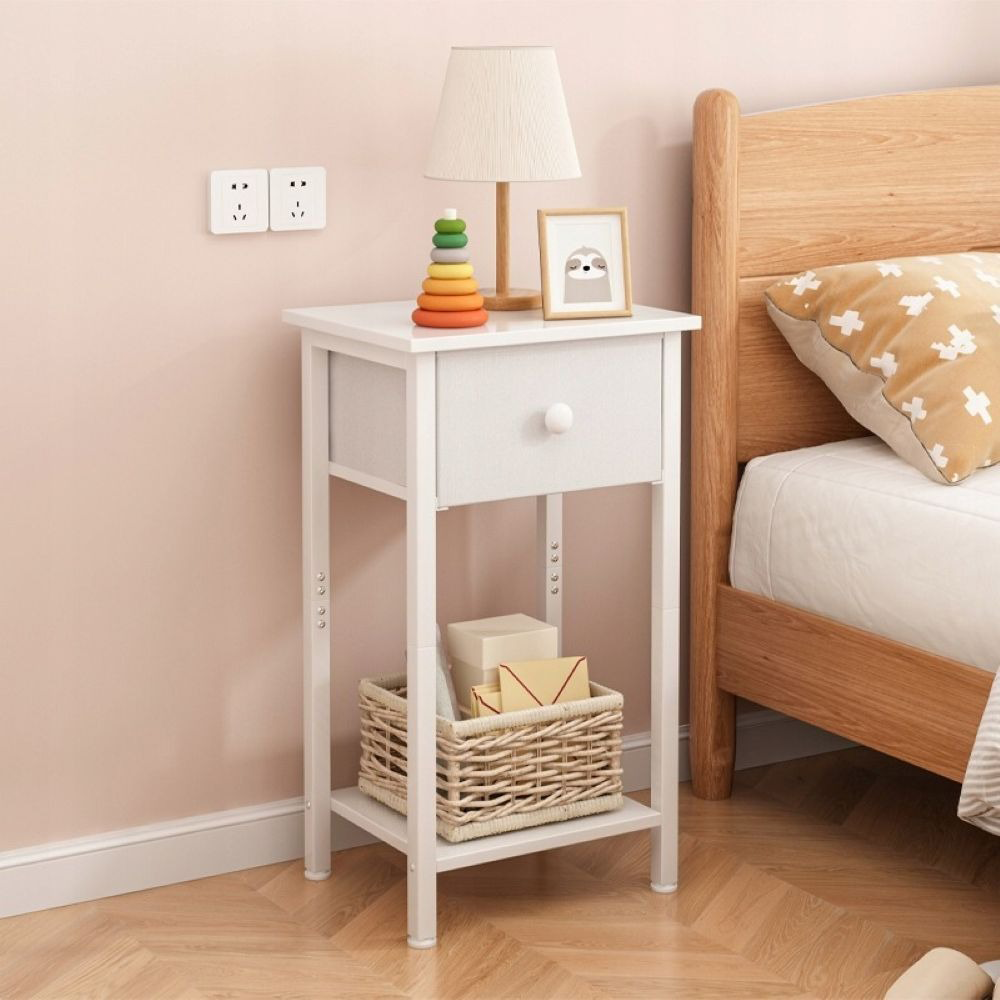 Fehér éjjeliszekrény 38x61x28 cm – Skandináv stílus fiókkal és polccal, MDF