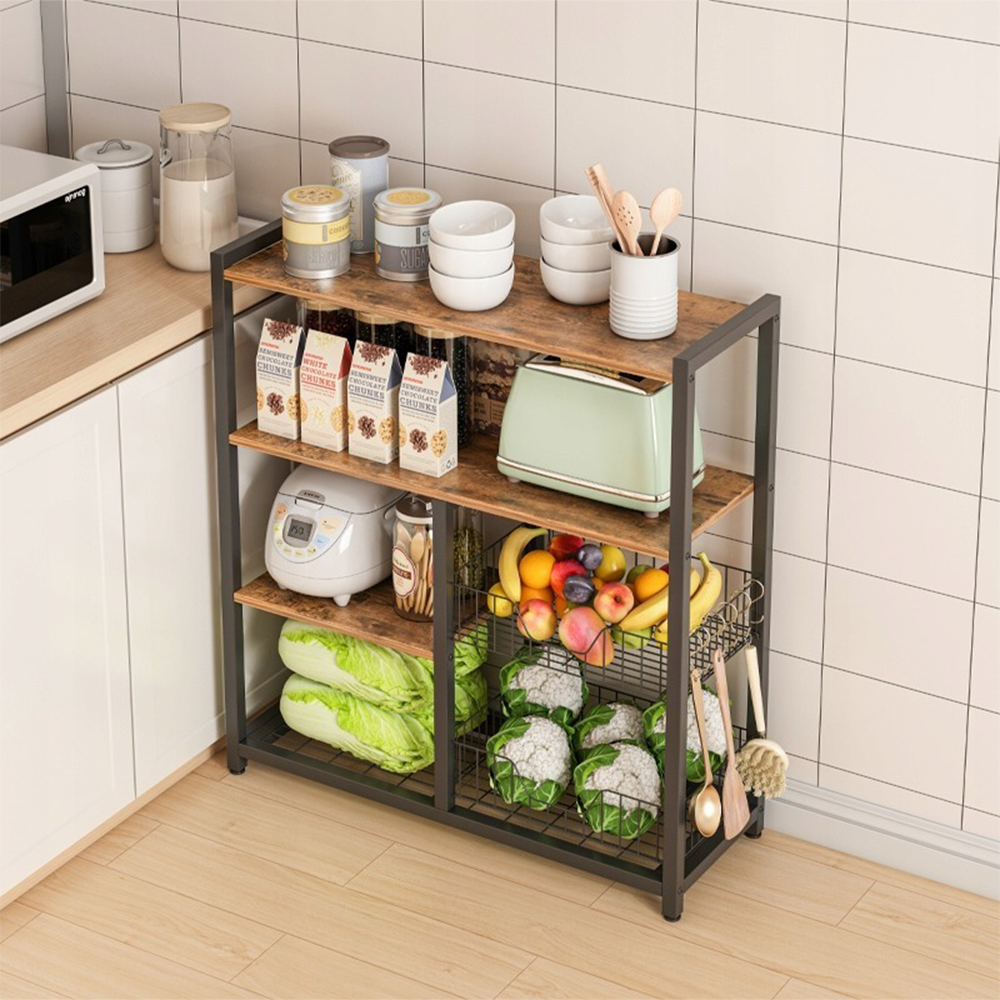 Retro ipari stílusú konyhai könyvespolc 80x95x35 cm – sötétbarna, fém vázzal