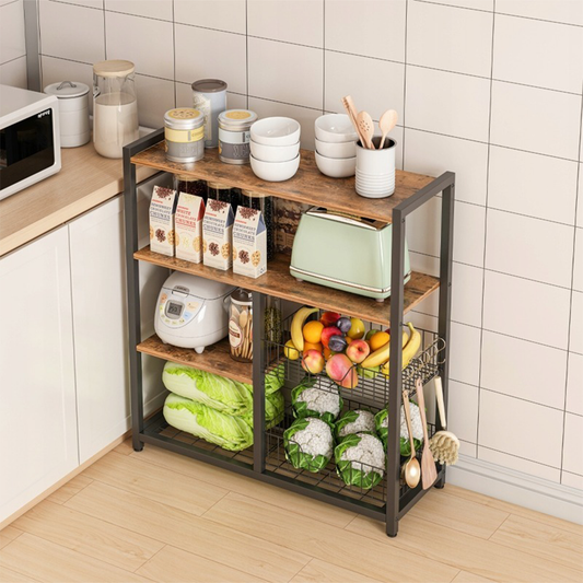 Retro ipari stílusú konyhai könyvespolc 80x95x35 cm – sötétbarna, fém vázzal