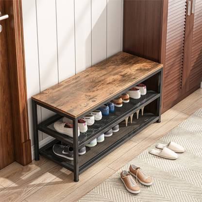 Cipősszekrény ülőkével 73x45x30 cm - Ipari Loft stílus, Fém + MDF, Rusztikus barna