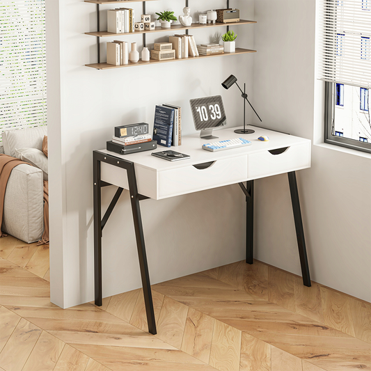 Matt fehér modern íróasztal fiókokkal és fekete fém lábakkal – 80x40x90 cm