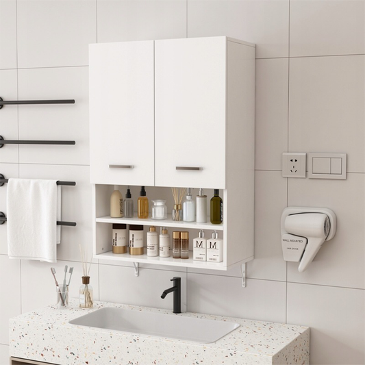 Függesztett fehér fürdőszobaszekrény 64 x 90 x 30 cm – polcokkal, loft stílus, ideális a mosógép fölé