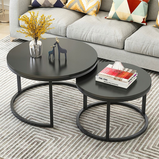 2 darabos kerek asztalszett – MDF és acél, fekete, 80 cm és 60 cm átmérő
