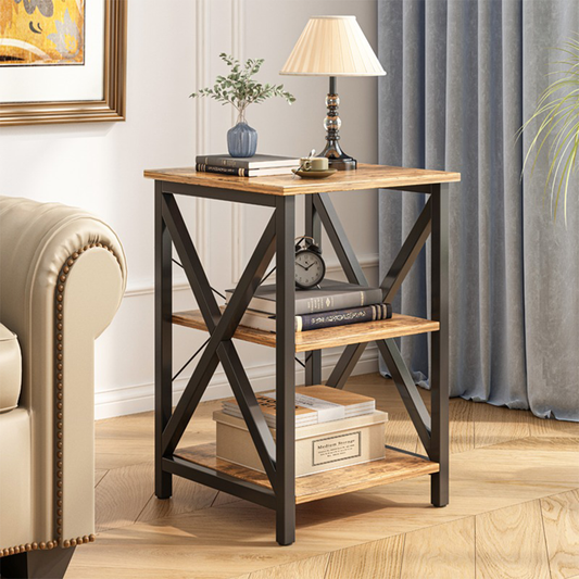 Indusztriális dohányzóasztal polcokkal – 40x40x60 cm, öregített fa hatású MDF és fém lábak