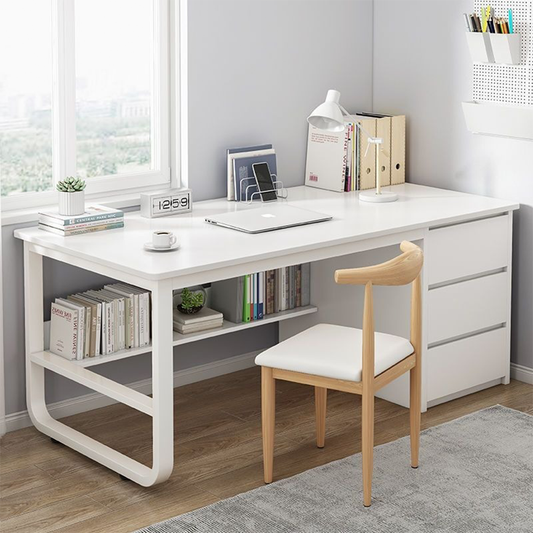 Minimalista fehér íróasztal polcokkal – 100x50x73 cm, ideális kis helyiségekbe, munkához és tanuláshoz