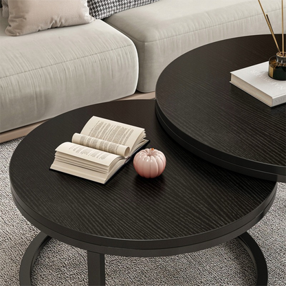 Loft stílusú, 2 darabos kerek asztal szett – fekete, MDF és acél – Ø70/50 cm