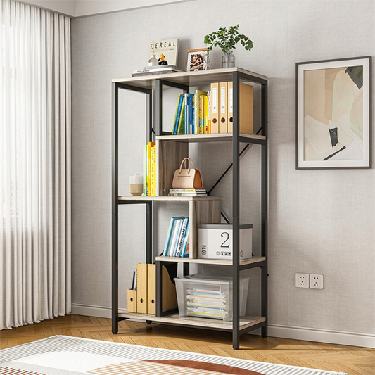 Ipari stílusú könyvespolc 8 polccal – 132x74x35 cm | Fekete és Barna | Modern loft dizájn