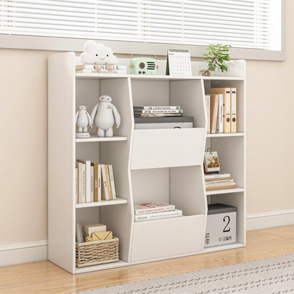 Modern fehér MDF könyvespolc – 106x104x30 cm, nyitott polcokkal és letisztult dizájnnal