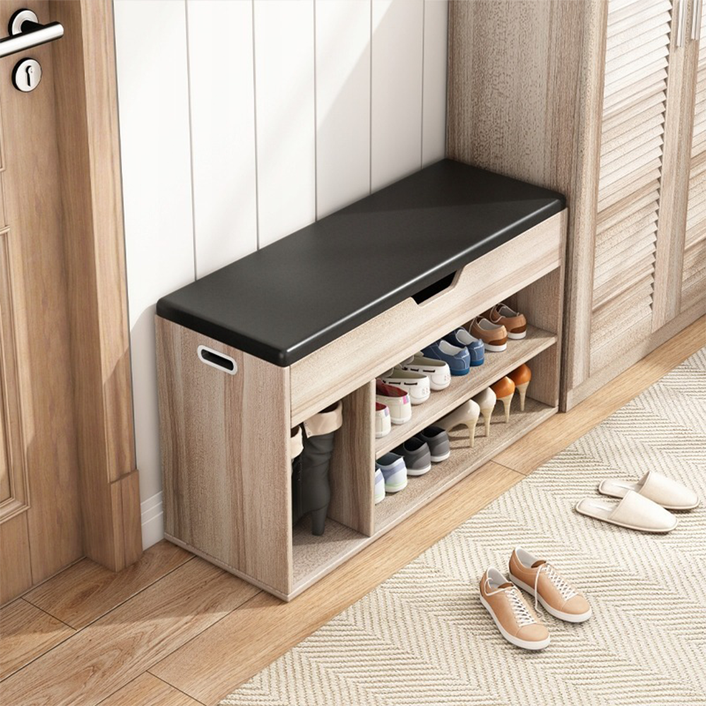 Előszoba pad tárolórekesszel, világos tölgy, 80x30x44 cm – Kárpitozott ülőfelület MDF-ből