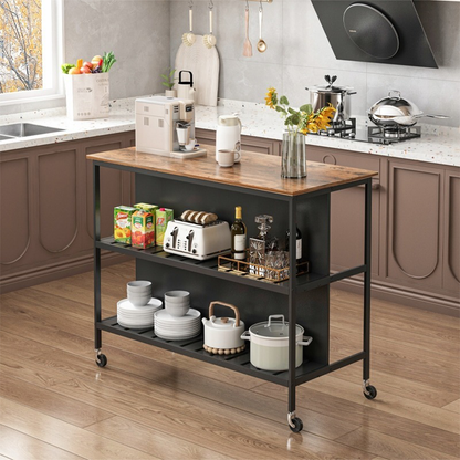 Bárasztal polcokkal és kerekekkel, 120x60x97 cm – Modern loft dizájn, sötétbarna / fekete