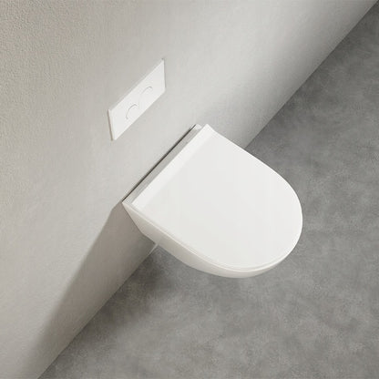 Fehér perem nélküli WC csésze lassan záródó duroplast ülőkével – fali WC örvénylő öblítéssel