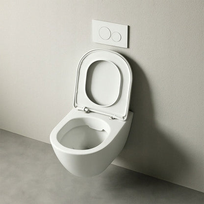 Fehér perem nélküli WC csésze lassan záródó duroplast ülőkével – fali WC örvénylő öblítéssel