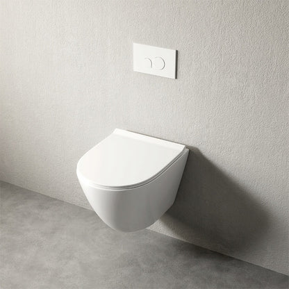 Fehér perem nélküli WC csésze lassan záródó duroplast ülőkével – fali WC örvénylő öblítéssel