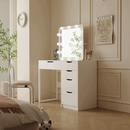 Sminkasztal LED Tükörrel Fehér 100 cm 5 Fiókos Hollywood Stílus