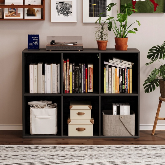 Nyitott könyvespolc, kocka alakú fiókos szekrény, 3x2, tágas polc könyveknek, irodának, fekete