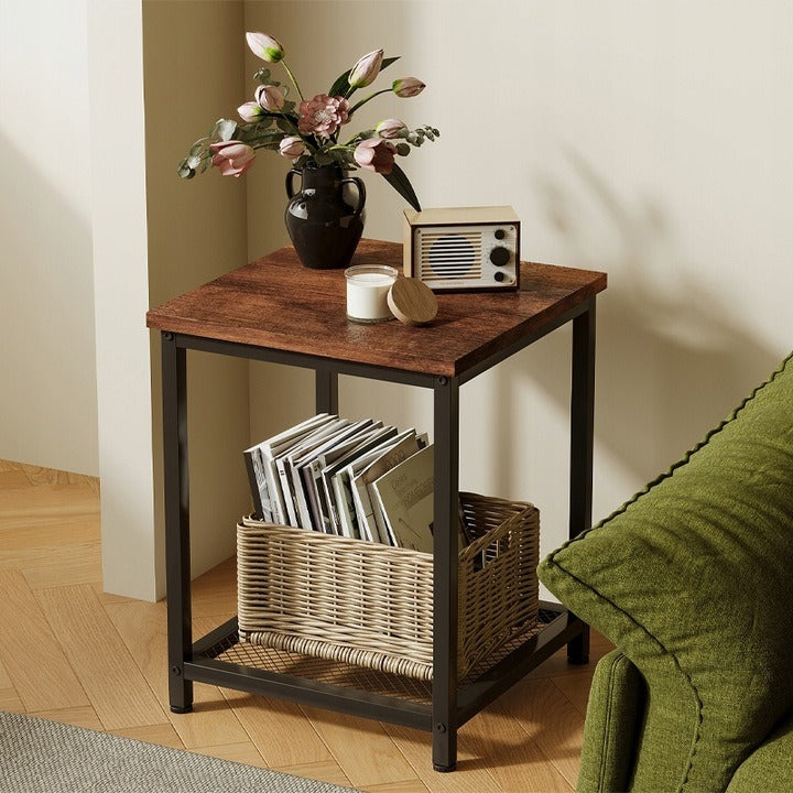 Négyszögletes oldalsó asztal polccal, retro vintage loft stílusban, 55 cm