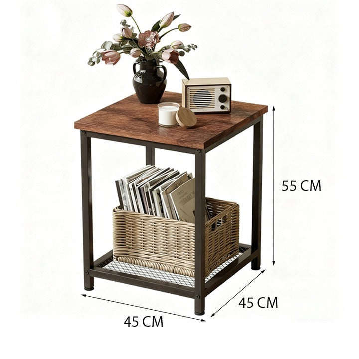 Négyszögletes oldalsó asztal polccal, retro vintage loft stílusban, 55 cm